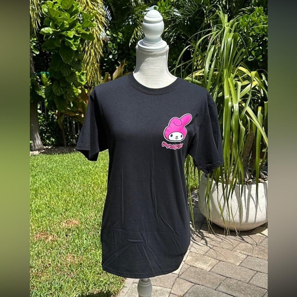 My Melody Sitting w/ Cup Sanrio Black Double-Sided T-Shirt, Unisex Size S Small